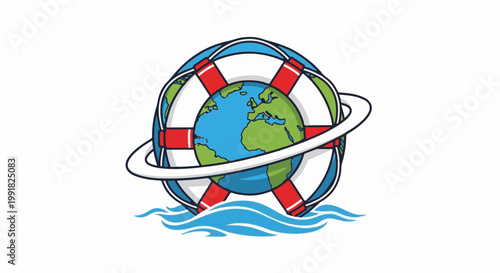 A stylized Earth planet is encircled by a lifebuoy and floats on stylized waves