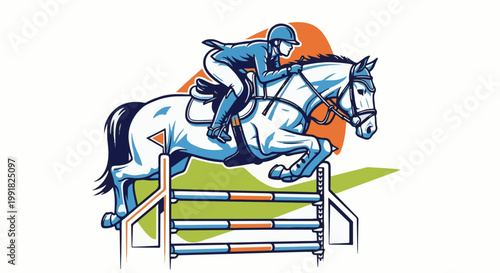 A stylized equestrian jumps a colorful barrier, dynamic, action-packed