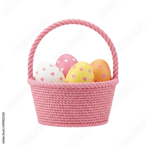 Cute pink Easter basket with colorful decorated eggs, 3D render of wicker basket with heart pattern eggs isolated on white background, spring holiday concept