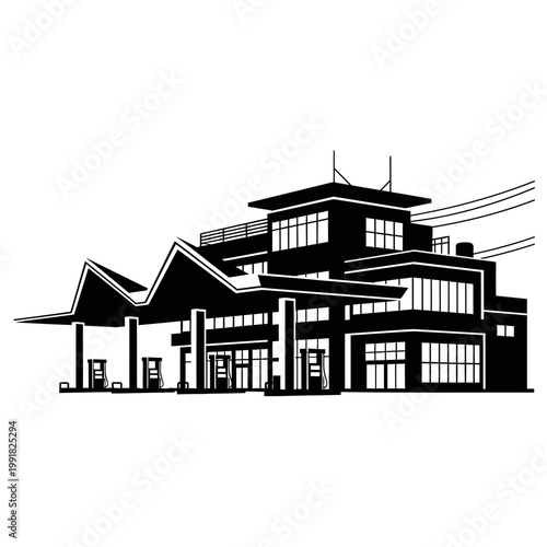 Modern gas station, fuel service building, petrol pump station, roadside service isolated on White Background