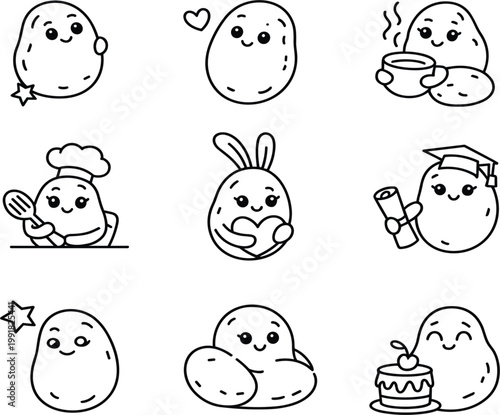 Collection of cute potato character stickers with various emotions and activities for food and cooking concept vector