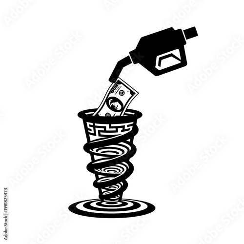 Fuel nozzle pouring money, cash swirling vortex, financial crisis, economic trouble, black and white isolated on White Background