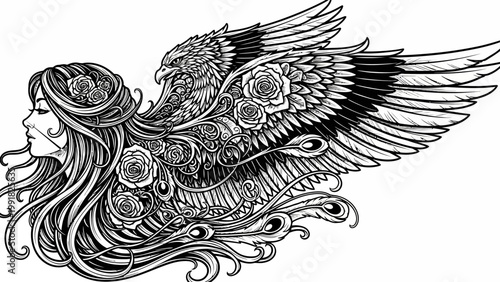 Mythical Angelic Woman with Eagle Wings and Roses, Intricate Black and White Tattoo Design