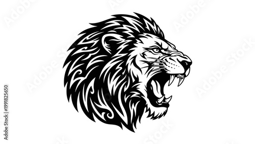 Fierce Lion Head Roaring, Tribal Tattoo Style, Black and White Graphic