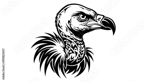 Tribal Vulture Head Tattoo Design, Black and White Vector Art