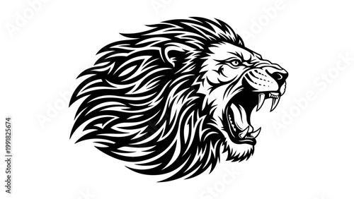 Fierce Lion Head Roaring, Tribal Tattoo Style, Black and White
