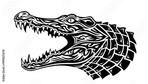 Tribal Alligator Head Tattoo Design, Fierce Crocodile Mouth Open, Black and White Vector Art