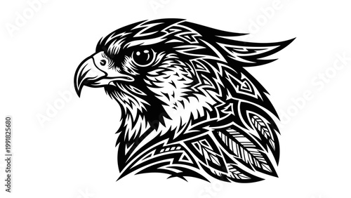 Tribal Eagle Head Tattoo Design, Fierce Bird of Prey, Native American Art Style