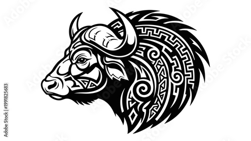 Tribal Buffalo Head Tattoo Design, African Cape Buffalo Vector Art