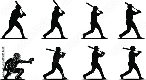 Sequence of baseball batting and catching positions illustrated in silhouette Vector