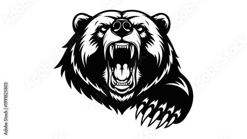 Aggressive Grizzly Bear Roaring with Open Mouth and Sharp Claws - Black and White