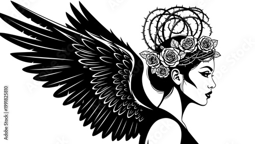 Dark Angel Woman with Black Wings and Rose Crown, Gothic Beauty, Mysterious Aura, Black and White