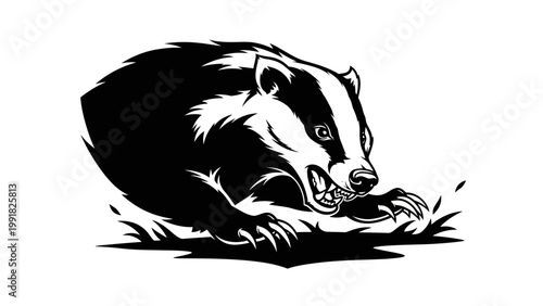 Aggressive Badger Running with Sharp Claws and Teeth, Black and White Vector Illustration