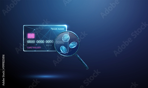 3d bank card under magnifying glass with coins inside. Cashback systems, interest rates on balance and deposits, credit and loan cost evaluation, card profitability concept.
