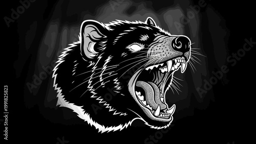 Fierce Tasmanian Devil Roaring with Sharp Teeth and Glowing Eyes, Black and White Illustration