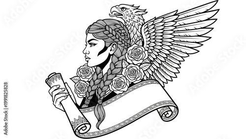 Mythical Woman with Eagle, Roses, and Scroll - Vintage Illustration