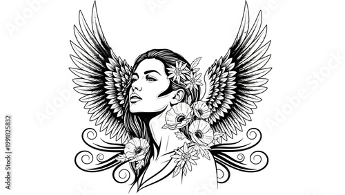 Beautiful Angel Woman with Wings and Flowers - Black and White Line Art