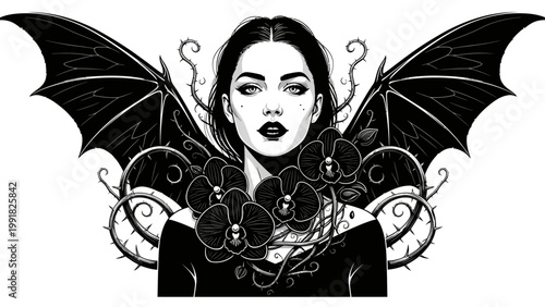 Gothic Vampire Woman with Bat Wings and Black Orchids - Dark Fantasy Portrait