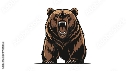 Aggressive Grizzly Bear Roaring with Open Mouth and Sharp Teeth, Wildlife Predator