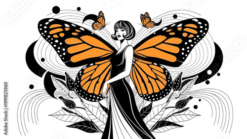 Elegant Woman with Monarch Butterfly Wings, Art Nouveau Style