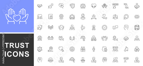 Trust web icons in line style. Containing confidence, credibility, promise, trustworthy, friends, truth, faith, sincerity and honesty. Integrity, reliability, empathy, trust related icon. Vector
