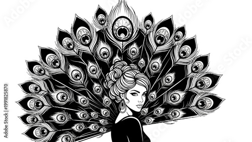 Elegant Woman with Peacock Feather Fan