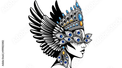Mysterious Woman with Peacock Feather Mask and Winged Headdress, Regal Beauty