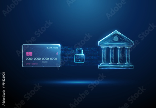 3d credit card, bank icon and padlock in data flow stream Banking, finance, digital payment, secure transaction, data protection, cybersecurity, online banking concept