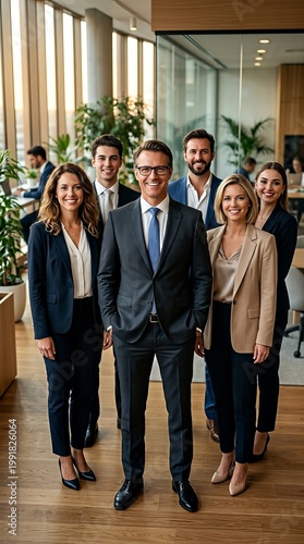 A group of diverse business professionals posing confidently in a modern office setting with large windows.