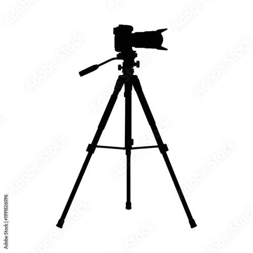 Black tripod with camera mounted.