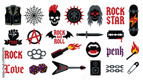 Hardcore punk rock stickers and rebel subculture colorful graphic set.