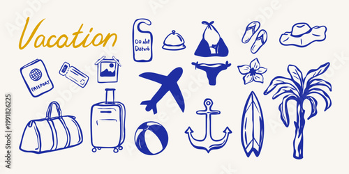 Hand drawn vacation and travel set. Summer holiday elements clipart with airplane, suitcase, palm tree, beach accessories and travel symbols. Vector illustration.