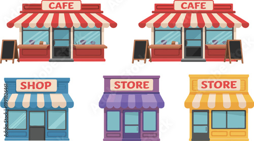 Cartoon storefront set with cafes and shops featuring striped awnings signage and modern flat design isolated on white background