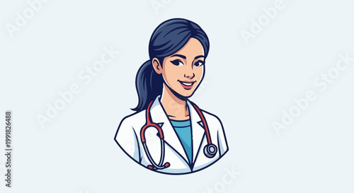 A stylized, smiling female doctor in a white coat and stethoscope