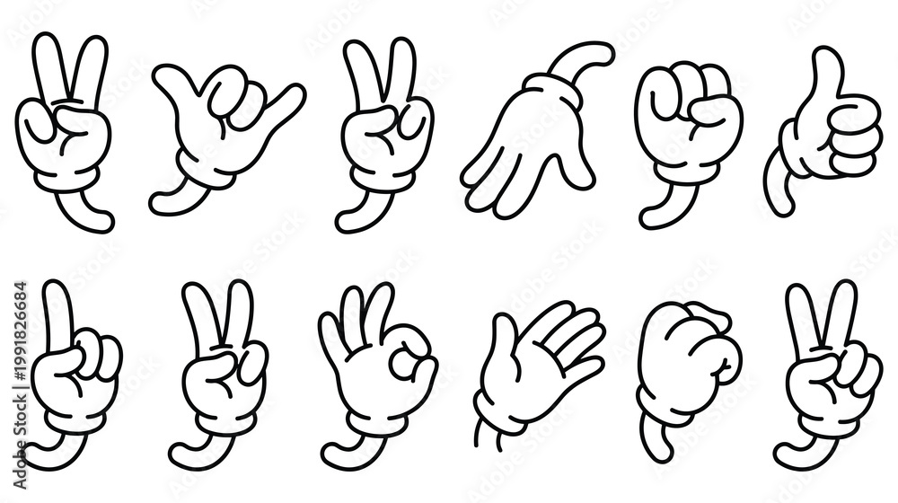 Fototapeta premium Cartoon glove hand gestures set in classic animation rubber hose style.