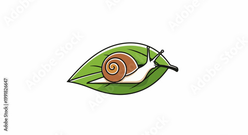 A stylized snail with a brown spiral shell rests on a vibrant green leaf