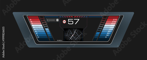 Modern futuristic car dashboard on black background. Digital display shows speedometer, tachometer, GPS navigation, and music player. Sleek high tech GUI with red and blue glowing elements