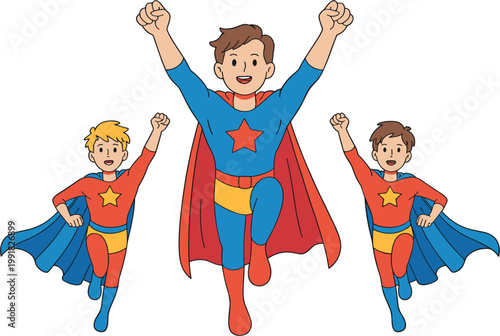 Professional colorful illustration of a father and two sons wearing superhero costumes with capes flying for Happy Father's Day holiday greeting card vector