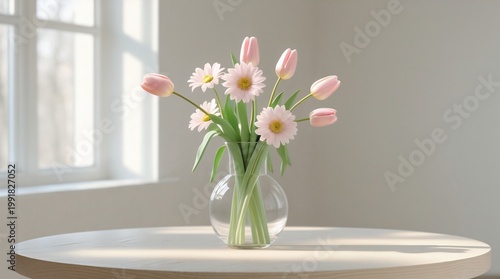Minimalist Spring Flower Bouquet in Vase on Light Table