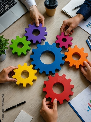 Hands work together assembling colorful gears on a desk, symbolizing teamwork and collaboration.
