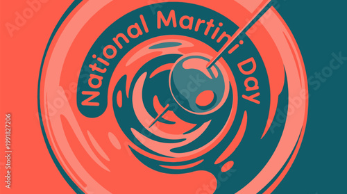 A vibrant illustration celebrating National Martini Day with a stylized martini glass and olive.