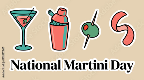 Illustration celebrating National Martini Day with a martini glass, shaker, olives, and garnish.