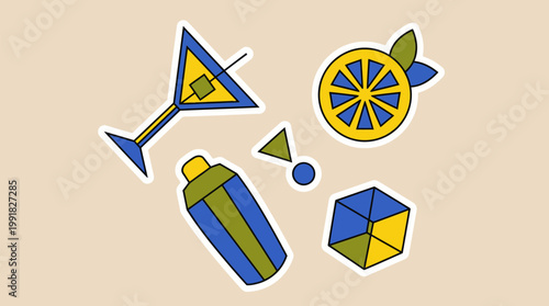 A collection of stylized cocktail-making icons including a martini glass, shaker, ice cube, and lemon slice.