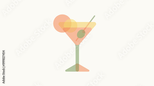 A minimalist illustration of a martini glass with an olive and a slice of citrus.