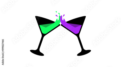 Two martini glasses clinking together with colorful liquid splashing out.