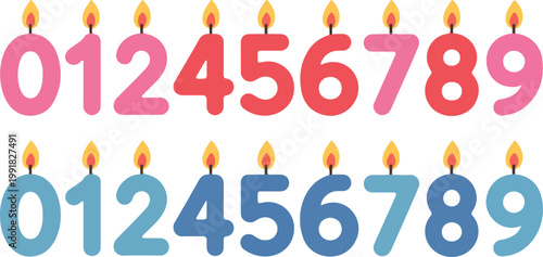 Colorful birthday number candles set from zero to nine in bubble style with flames isolated on clean white background