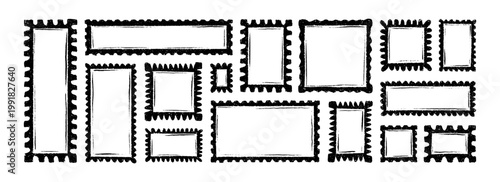 Hand drawn grunge postage stamp layout template background. Funky grunge black chalk, charcoal, ink frame drawing. Rough sketch quirky postal scallop, zigzag, jagged graffiti frames and borders