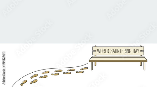 Footprints leading to a park bench with 'World Sauntering Day' written on it, symbolizing a leisurely stroll.