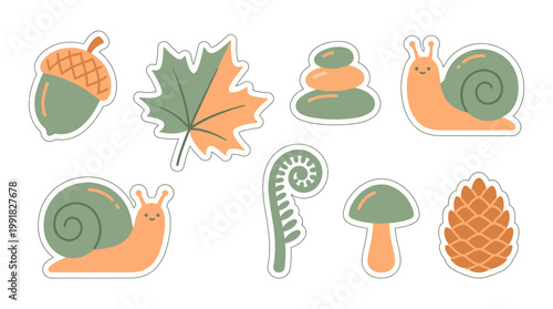 A collection of cute, stylized illustrations of autumn-themed nature elements, including acorns, leaves, snails, and mushrooms.