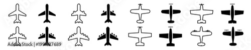 Airplane icons set with passenger jet, aircraft top view, outline and solid plane symbols isolated on white background.